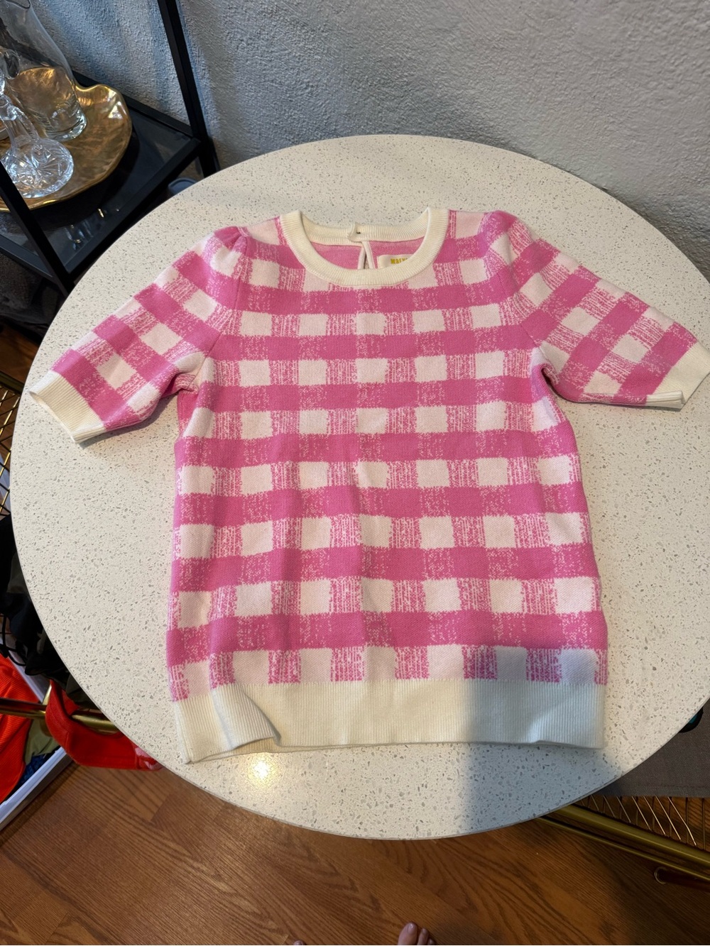 Anthropologie Maeve Pink and Cream Gingham Short Sleeve Knit Top